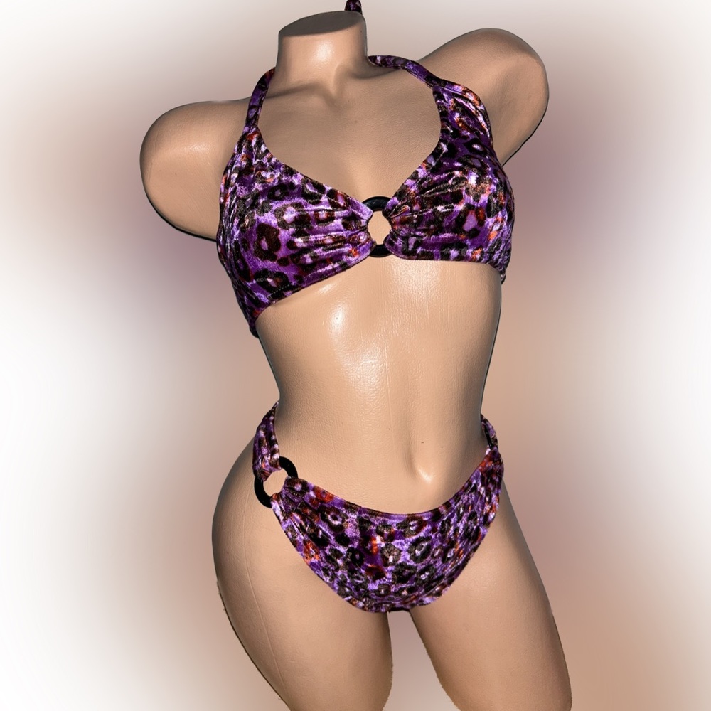 Purple leopard velvet velour bikini rave swimsuit festival vintage retro doll